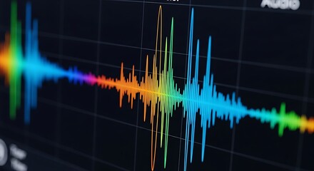 Colorful digital sound wave spectrum on a dark monitor screen. Abstract audio signal visualization for music technology and frequency analysis.