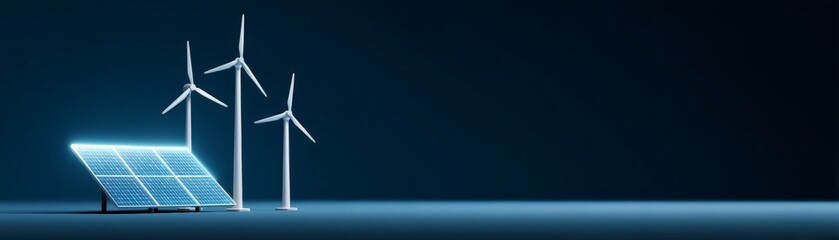 Renewable Energy Landscape with Solar Panels and Wind Turbines, Solar panels and wind turbines against a dark background, symbolizing renewable energy.