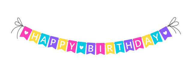 set of cartoon colorful birthday garlands with flags in bright hues, with text Happy Birthday, perfect for festive designs and greeting cards