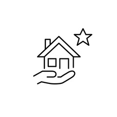 Home in hand and star. Secure family house, top-rated premium care and real estate. Pixel perfect, editable stroke vector icon