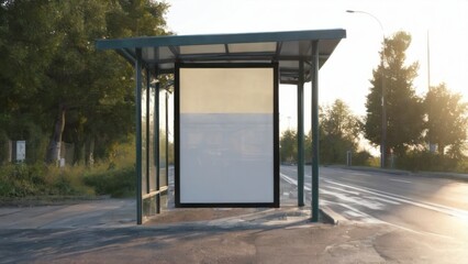 Scenic view of metal bus stop with glass roof surrounded by trees and bushes, featuring empty white billboard under blue sky.