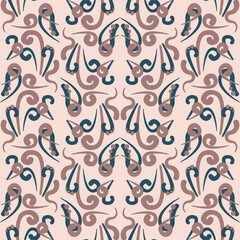 This unique ornament pattern showcases flowing curves and swirls in soft neutral colors, ideal for fabrics, wallpapers, and decorative items, enhancing any space