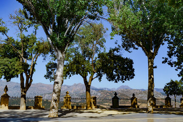 Leafy trees casting shadows on a viewpoint with a stone fence and mountains in the background on a sunny day