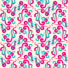 This seamless ornament pattern showcases vibrant pink and teal swirls with floral motifs, ideal for fabric, wallpaper, and decorative projects, adding an artistic touch