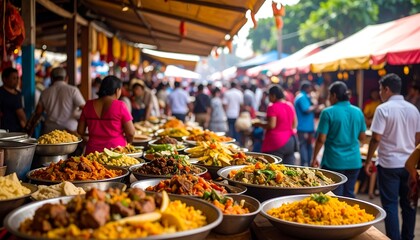 A bustling marketplace showcasing vibrant food stalls and a diverse crowd of people browsing and purchasing various dishes