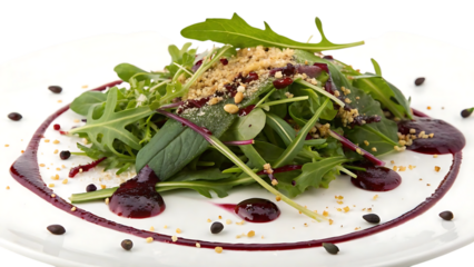 Fresh arugula salad with berry sauce and nuts
