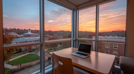 Fototapeta premium Study Table Illuminated by Sunrise Over Campus With an Open View Through the Window