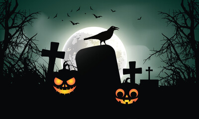 The Black Crow Omen: Halloween Horror Scene on the graveyard