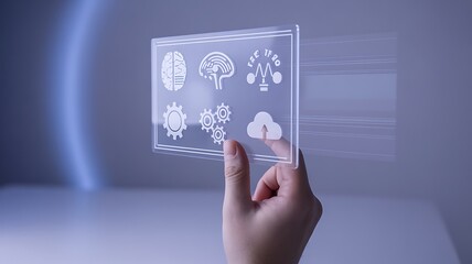 Hand touching transparent screen with technology icons image