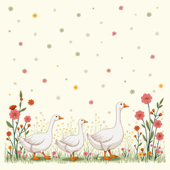 Fototapeta premium Three white geese walking among colorful flowers in spring meadow 