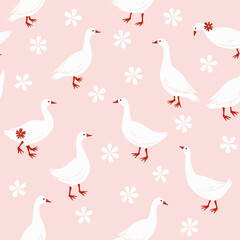White geese pattern with flowers on pink background  