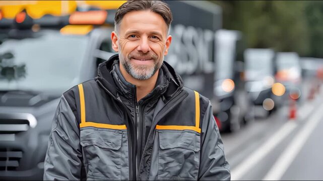 A smiling man in a work jacket, directing traffic alongside vehicles on a road, likely in a traffic management role.