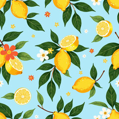 Vibrant lemon pattern with flowers on blue background  