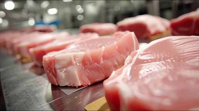 Raw pork chops arranged on a work surface, displaying their pink flesh and marbled fat, ready for packaging or cooking.