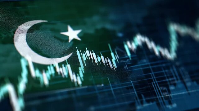 Pakistani flag with a stock market chart background, showcasing financial news and analysis on a digital screen.