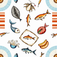 Naklejka premium Colorful seafood pattern with fish and various marine elements 