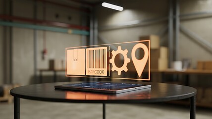 Holographic Interface Displaying Logistics Icons Over Tablet barcode gear