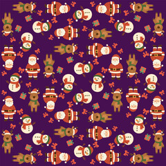This seamless pattern features cheerful Christmas characters including Santa, snowmen, and reindeer, along with colorful gifts against a vibrant purple backdrop