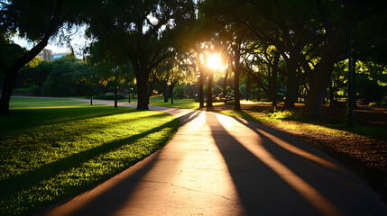 Sunburst Through Trees Casting Long Shadows on Park Path at Sunset