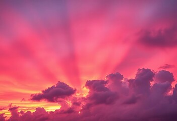 Blazing pink sunrise paints the sky with vibrant hues, sun rays pierce clouds,  stunning,  cloudscape