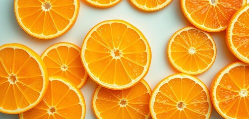 Fototapeta premium Sliced oranges, vibrant citrus segments, juicy pulp, playful arrangement, composition, playful