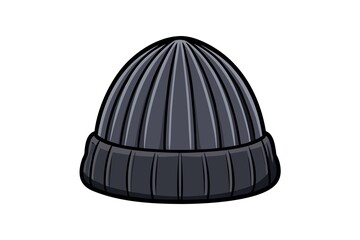 Isolated Dark Gray Knitted Beanie Hat Illustration With Ribbed Texture and Shadow on White Background