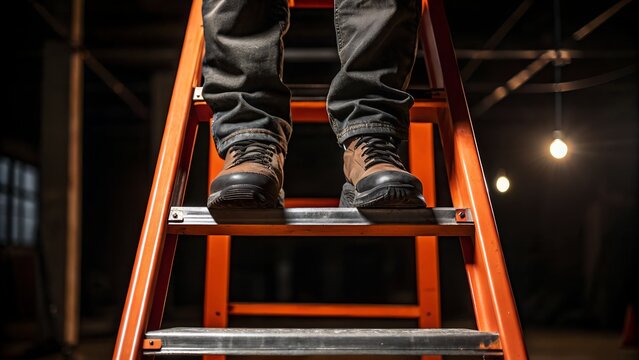 Worker's boots climbing orange ladder, ready for construction or repair work