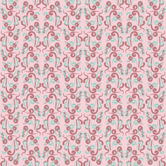 This seamless pattern showcases intricate ornament designs highlighted by soft pink and teal hues. Perfect for fabric, wallpaper, or artistic projects