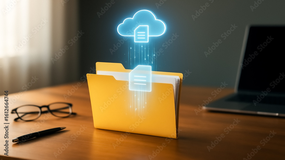 Poster digital cloud connection: an illuminated digital cloud hovering above an open folder with files symb