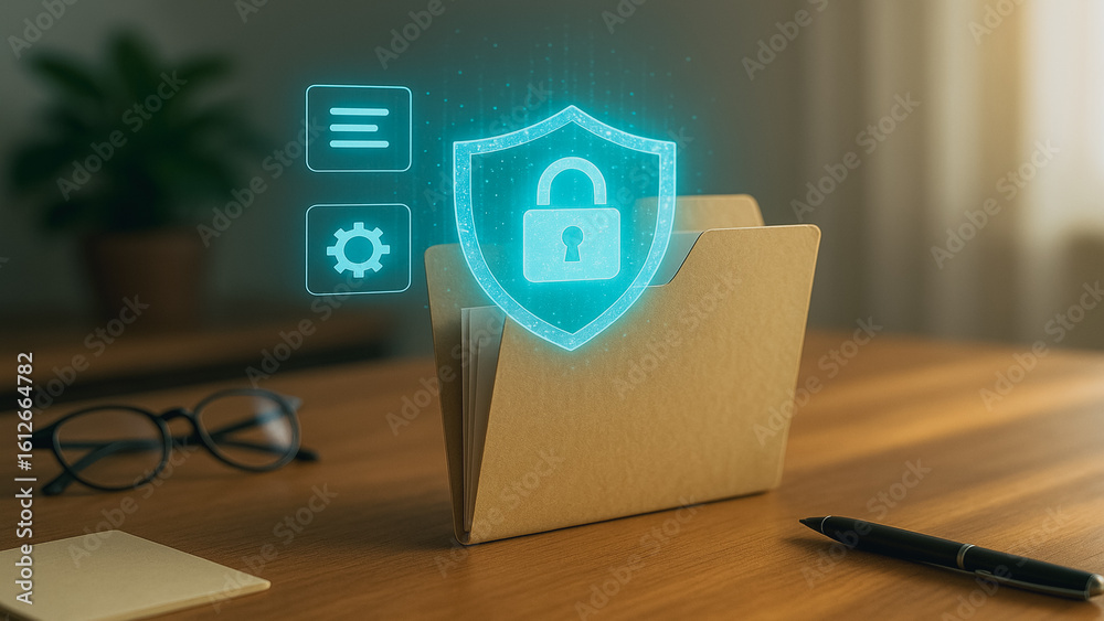 Poster secure file management: digital padlock hovers above an open file folder, with icons of settings and