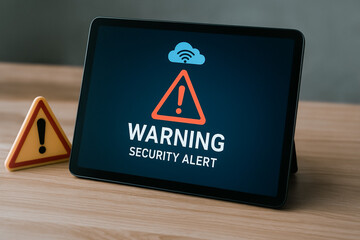 Cybersecurity Warning on a Tablet: An eye-level perspective on a digital tablet displaying a security alert and a warning sign, symbolizing data protection concerns and cybersecurity threats.
