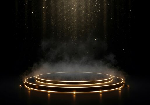 Circular stage with golden lights and falling sparkles podium tiered - Powered by Adobe