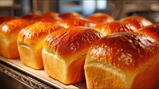 Freshly baked loaves of bread cooling on a rack, golden brown with a shiny crust and steam rising.