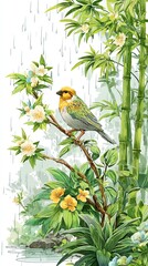 Bird in Monsoon Skies Vibrant bird perched on lush bamboo foliage. Rainy Season Wildlife Motion Emotional Nature in Rain