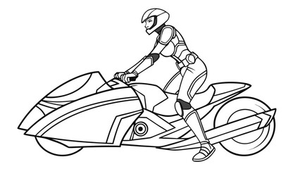 Woman in futuristic suit riding a motorcycle with a helmet in black and white outline drawing style