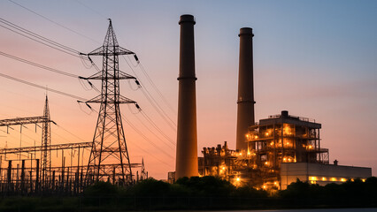 Industrial Powerhouse: A twilight vista unveils an industrial complex, dominated by imposing smokestacks, alongside a network of power lines, showcasing the infrastructure of energy production. 