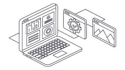 Isometric laptop displaying dashboards and settings windows in a clean line art style design © Amirdogar