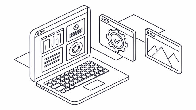Isometric laptop displaying dashboards and settings windows in a clean line art style design