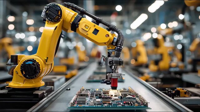 A robotic arm assembling or manipulating a circuit board in a factory setting with multiple similar robots in the background.