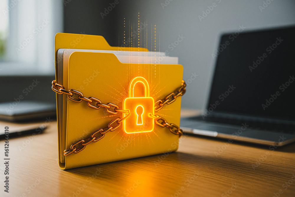 Poster data fortress: a conceptual rendering of digital security with a file folder under lock and chain, e