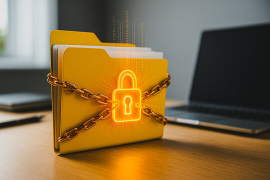 Data Fortress: A conceptual rendering of digital security with a file folder under lock and chain, evoking the ideas of confidentiality and digital safety.