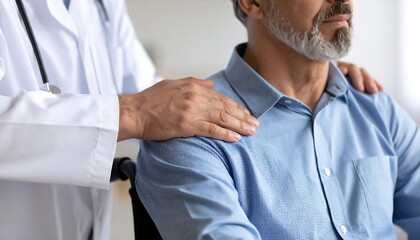 Doctor comforts a seated patient, hands gently on shoulders
