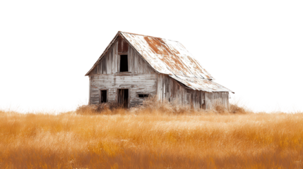 Abandoned Barn in Field background isolated on a Transparent background, PNG file.