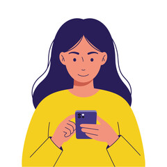 Young Woman Using Smartphone. Flat Vector Illustration of Girl Texting or Browsing on Mobile Phone