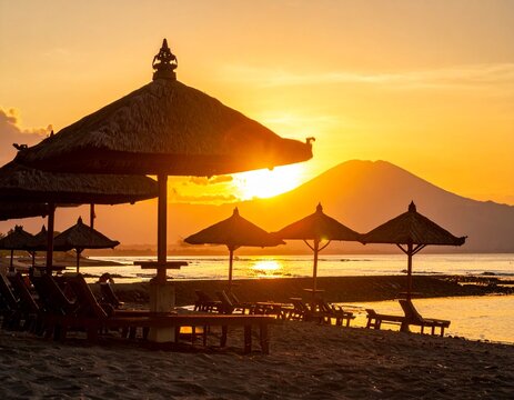 A beautiful golden sunset at Tanjung Benoa beach in Bali, Indonesia