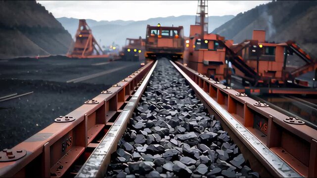 A close-up view of coal on a train track with heavy machinery in the background, indicating a mining or transportation site.