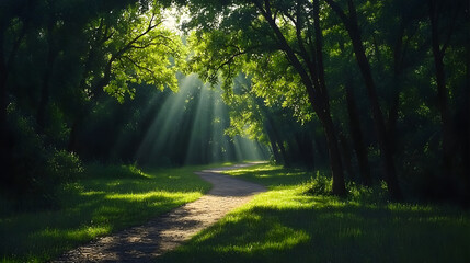Sunlit Forest Path A Serene Pathway Through Lush Greenery and Towering Trees