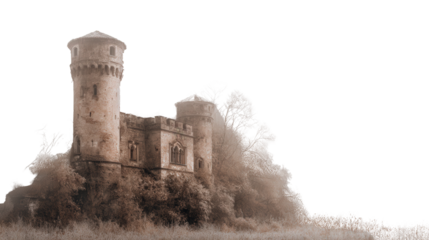Abandoned Castle in the Fog background isolated on a Transparent background, PNG file.