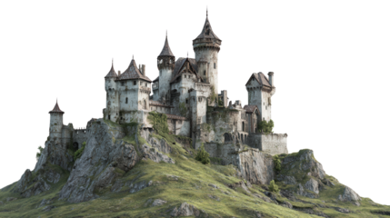 Abandoned Castle on Hilltop background isolated on a Transparent background, PNG file.