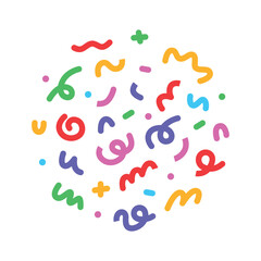 Colorful abstract Memphis-style shapes in a round composition on white background, vector art